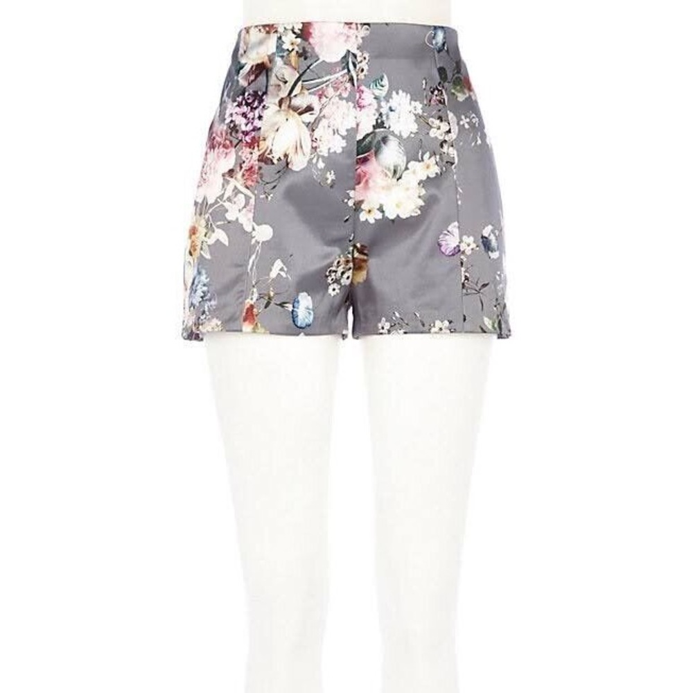 River Island Gray High Waist Floral Shorts
